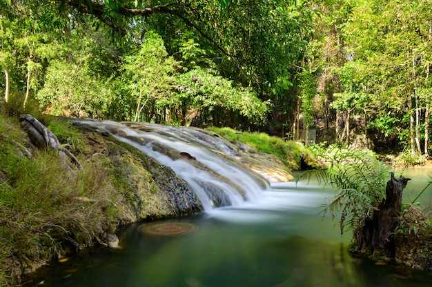 Ein schöner Bachwasser berühmter Regenwaldwasserfall in Thailand