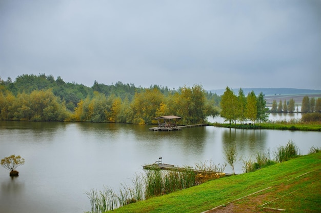 Ein schöner Blick auf die Herbstlandschaft mit Bäumen und Fluss Herbsttag am Ufer des Flusses, wo die Menschen in der Ferne ruhen