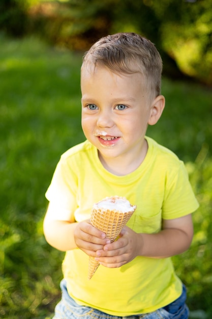 Ein schöner kleiner Junge mit blauen Augen und blonden Haaren isst Eis im Park sitzt auf dem grünen Gras und lächelt erfreut