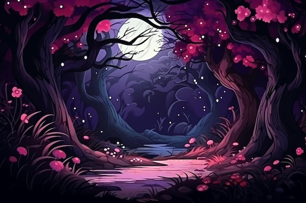 Ein schöner märchenhafter Zauberwald in der Nacht mit Mondlicht, großen Bäumen und rosa Vegetation