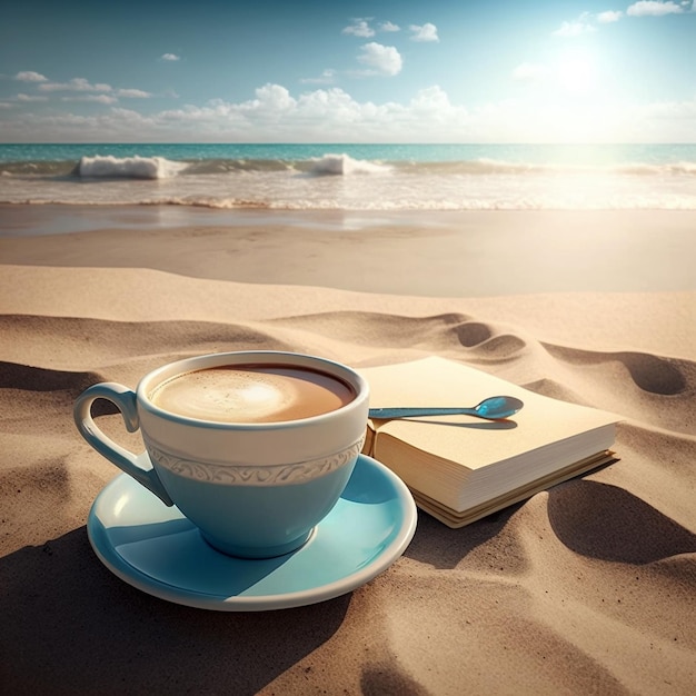 Ein schöner Tag mit einer Tasse Kaffee am Strand