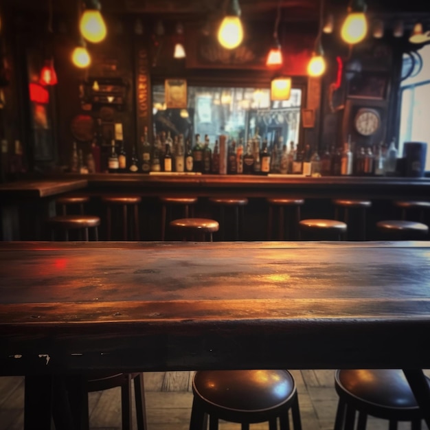 Ein schöner Tisch in einer Bar mit einer Bar im Hintergrund