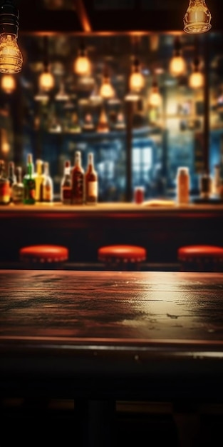 Ein schöner Tisch in einer Bar mit einer Bar im Hintergrund