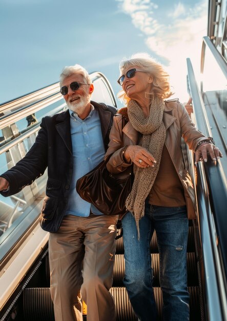 Ein schönes älteres Paar steigt auf der Treppe aus dem Flugzeug und lächelt