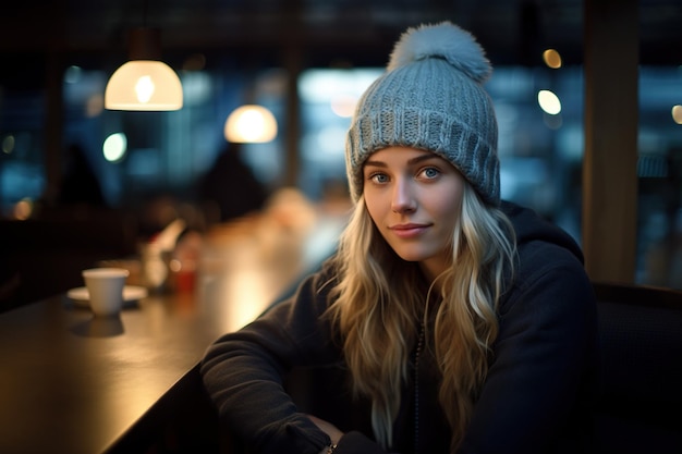 ein schönes blondes kaukasisches Mädchen sitzt an der Bar eines Cafés