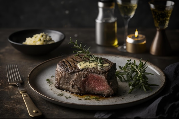 Ein schönes Filet-Mignon-Steak auf einem Teller mit Fleischsäften, frisch gemahlenem schwarzem Pfeffer und ungesalzener Buttersauce