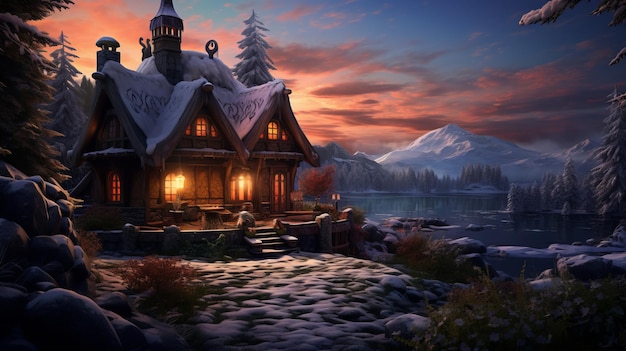 Ein schönes, gemütliches Haus im Winterwunderland, geschmückt mit funkelnden Lichtern und festlichen Dekorationen