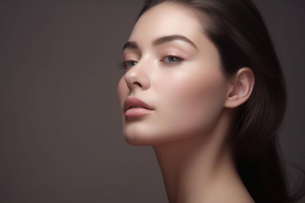 Ein schönes Gesicht einer jungen Frau mit gesunder Haut im Hautpflegekonzept mit generativer KI