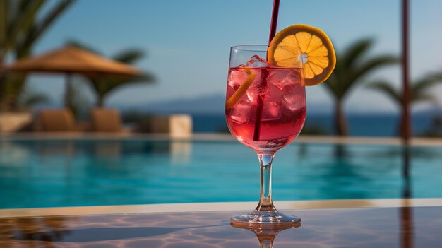 ein schönes Glas mit einem Cocktail auf dem Hintergrund des Pools das Konzept der Reise