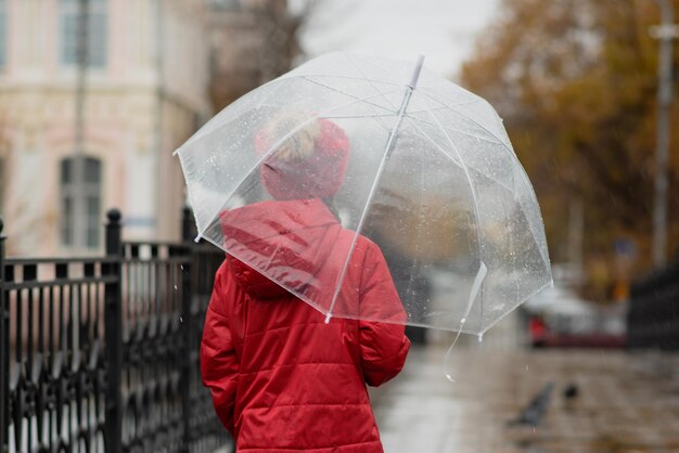 Ein schönes junges Mädchen geht auf der Brücke im Regen mit einem transparenten Regenschirm Herbstwetter