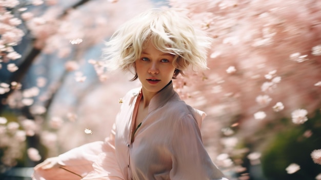 Ein schönes junges Mädchen rennt durch einen blühenden japanischen Kirschgarten Sakura Blütenblätter fallen überall hin