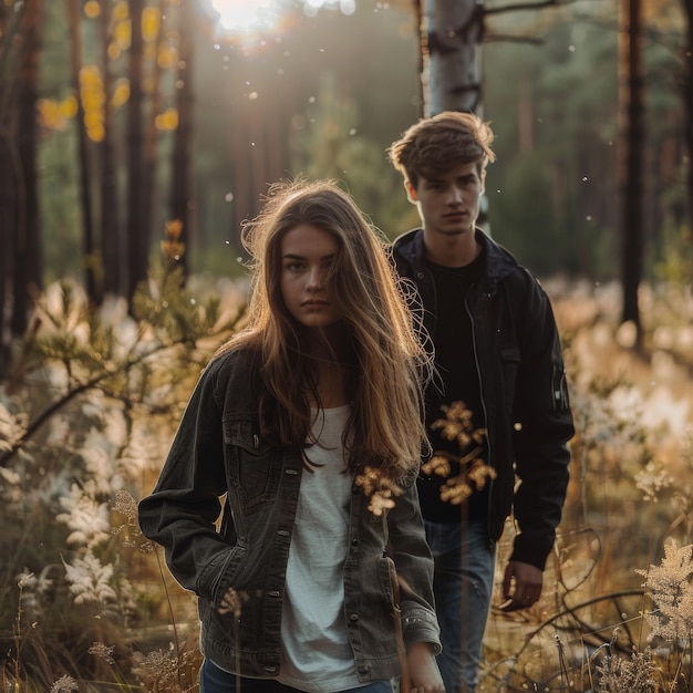 Ein schönes junges Paar geht im Wald spazieren