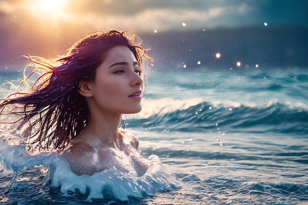 Ein schönes lächelndes junges Mädchen mit braunen Haaren steht am Strand inmitten der Meereswellen bis zu ihrer Brust im Wasser Der Wind weht die Frisur Generative KI