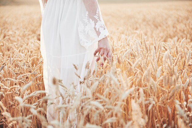 Ein schönes Mädchen in einem weißen Kleid verbringt ihre Hand mit goldenen Weizenspitzen.