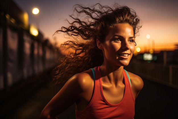 Foto ein schönes mädchen joggt am abend