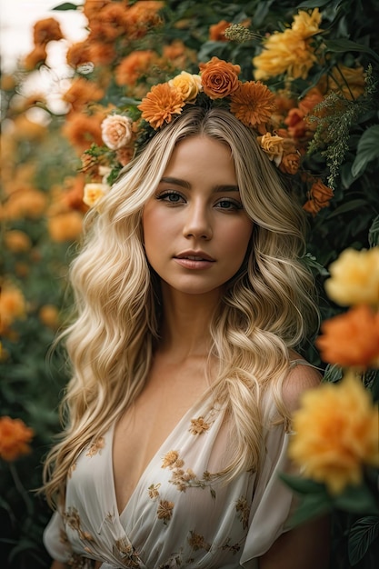 Ein schönes Mädchen mit blonden Haaren in einem Blumenkranz und einem hellen Kleid steht gelb im Garten