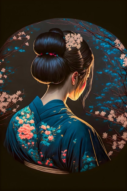 Ein schönes Mädchen mit einem schwarzen Brötchen und einer blauen japanischen Kimono-Kirschblüten-Haarnadelillustration