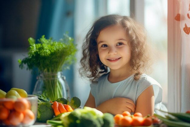 Ein schönes Mädchen sitzt am Tisch vor ihm Gemüse Brokkoli Karotten Tomaten Kohl