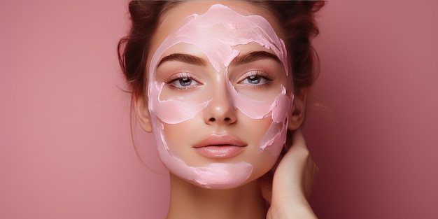 Ein schönes Mädchen trägt eine beerenrosa kosmetische Gesichtsmaske mit rosa Hintergrund auf. Generative KI