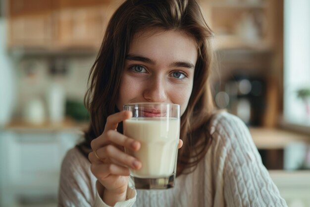 Foto ein schönes mädchen trinkt milch aus dem glas in der küche