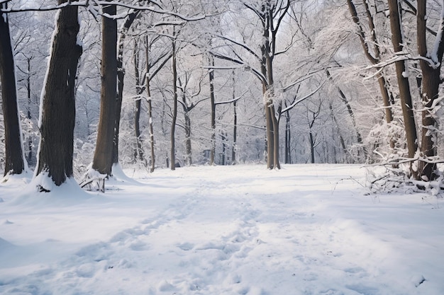 Ein schönes schneebedecktes Gebiet im Winter mit nackten Bäumen, die mit Schnee bedeckt sind