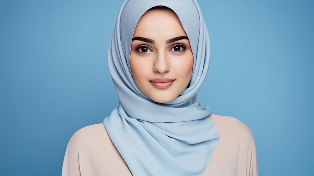 Ein schönes süßes Mädchen muslimischer Erscheinung in einem Hijab auf einem einfachen hellen Hintergrund KI-Generation