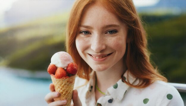 Foto ein schönes teenager-mädchen mit roten haaren, das ein eis isst