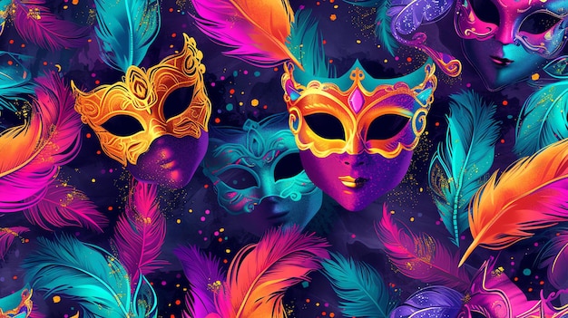 Ein schönes und farbenfrohes nahtloses Muster mit Karnevalsmasken und Federn, perfekt für eine festliche oder Mardi Gras-Feier