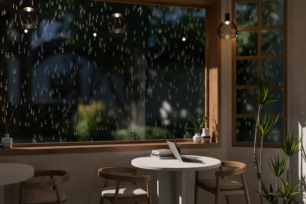Ein schönes und gemütliches Café mit einem Tisch vor der großen Glasscheibe an einem regnerischen Abend