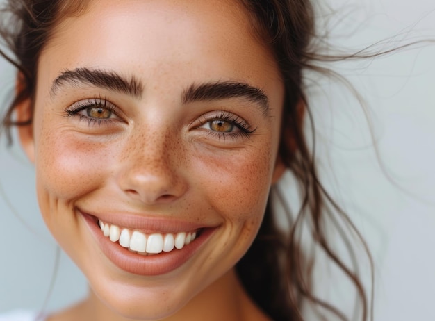 Foto ein schönes und glückliches brünettes mädchen lächelt weit mit ihren weißen zähnen mit mehreren freckles auf einem hellen hintergrund