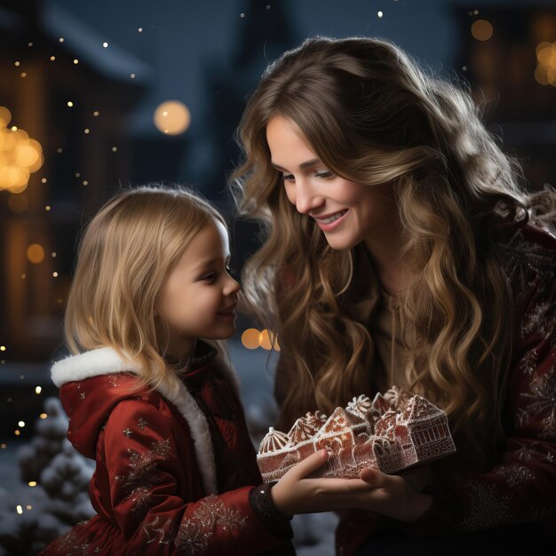 Foto ein schönes weibliches model, das ein weihnachtsmannskostüm trägt und zusammen geschenke an kinder schenkt