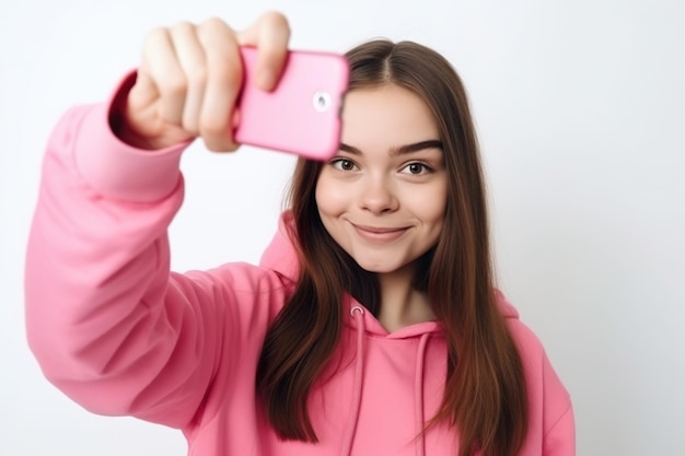 Ein Schönheitsmädchen mit rosa Kapuzenpullover lächelt und macht Selfie auf weißer Hintergrundwand