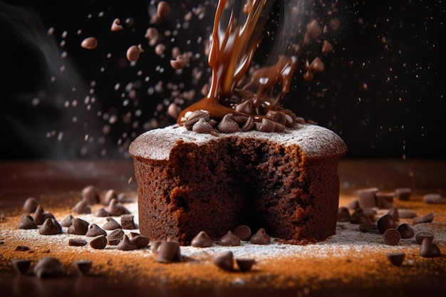 Ein Schokoladen-Cupcake mit darüber gestreuten Schokoladenstückchen.