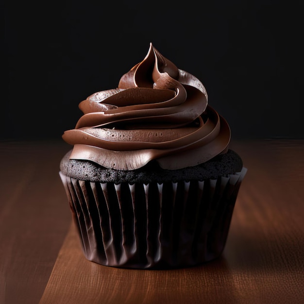 Ein Schokoladen-Cupcake mit Schokoladenglasur und der Aufschrift „Love“ oben drauf.