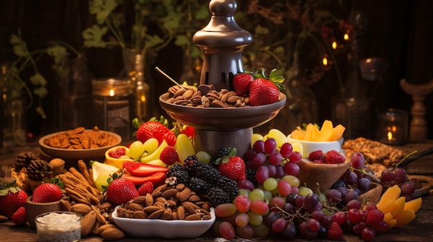 Ein Schokoladenbrunnen mit vielen Früchten