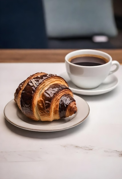 Ein Schokoladencroissant auf einem kleinen Teller mit einer Tasse Kaffee im Hintergrund auf einem Holztisch