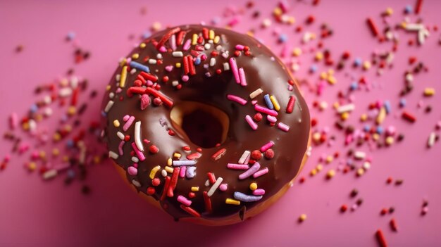 Ein Schokoladenkrapfen mit Streuseln auf einem rosa Hintergrund.