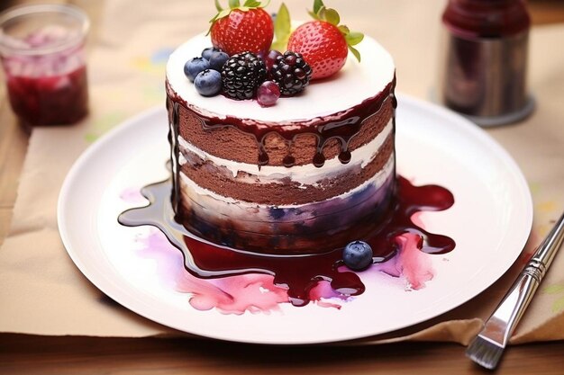 Foto ein schokoladenkuchen mit beeren oben auf einem teller