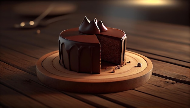 Ein Schokoladenkuchen mit einem Stück Schokolade darauf