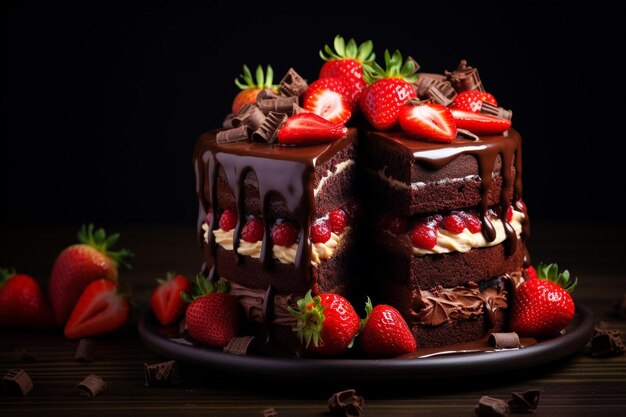 Ein Schokoladenkuchen mit einer Erdbeere oben