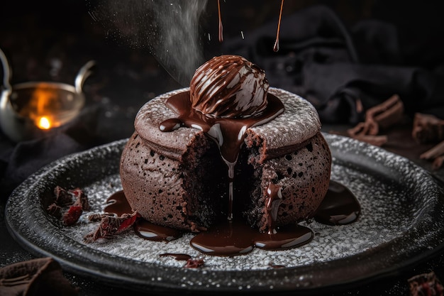 Ein Schokoladenkuchen mit einer Kugel Eis obendrauf