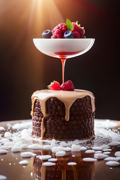 Ein Schokoladenkuchen mit einer Schüssel Joghurt und Beeren obendrauf