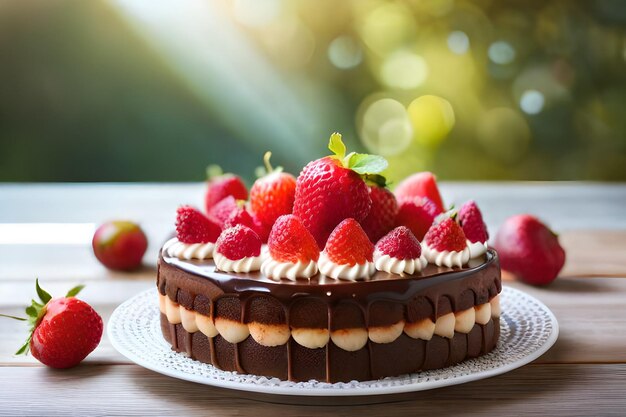 ein Schokoladenkuchen mit Erdbeeren auf einem Teller mit verschwommenem Hintergrund.