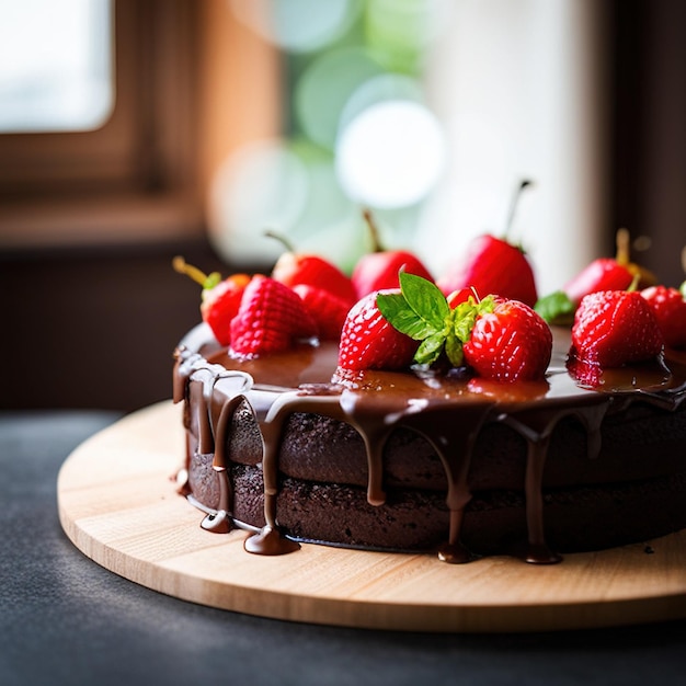 Ein Schokoladenkuchen mit Erdbeeren darauf