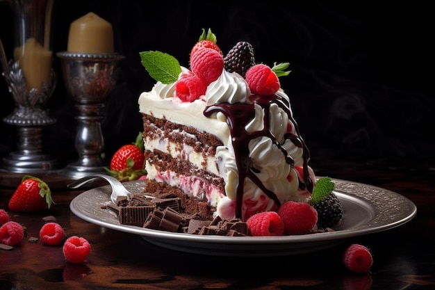 Ein Schokoladenkuchen mit Erdbeeren und Schokolade auf einem Teller