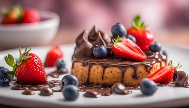 ein Schokoladenkuchen mit Erdbeeren und Schokoladen-Glasur sitzt auf einem Teller