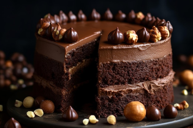 Ein Schokoladenkuchen mit Haselnüssen obendrauf
