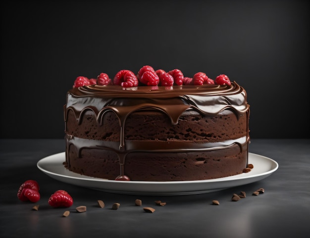 Ein Schokoladenkuchen mit Himbeeren oben drauf und ein Teller mit generativer KI