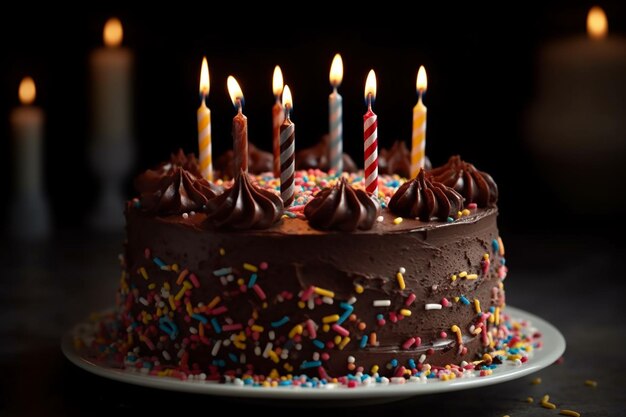 Ein Schokoladenkuchen mit Kerzen darauf und der Aufschrift „Geburtstag“.