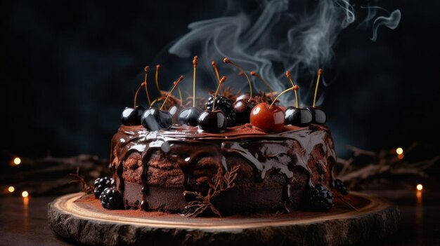 Ein Schokoladenkuchen mit Kirschen darauf generatives KI-Bild